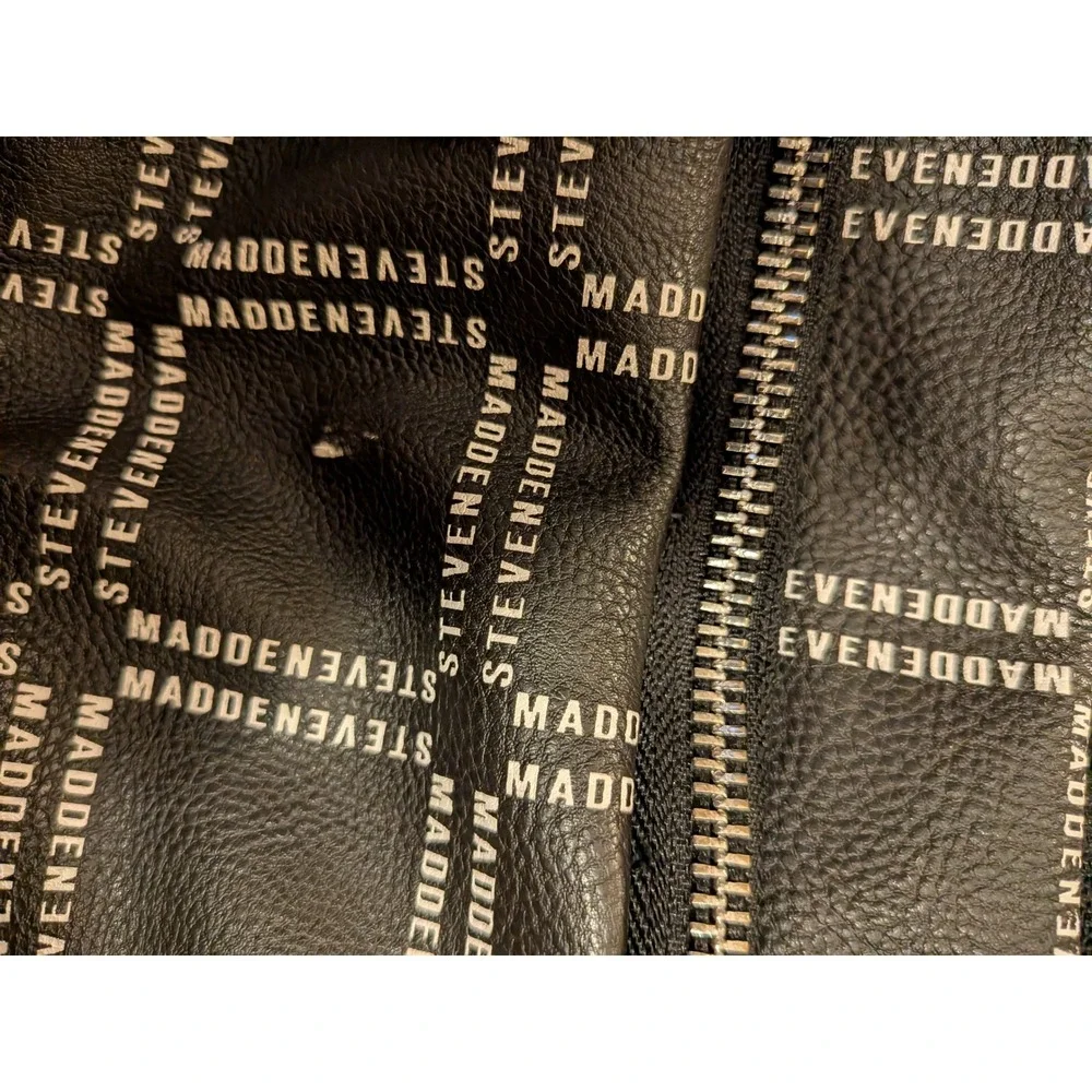 Steve Madden Black Logo Print Pebbled Leather Backpack Front Zip Pockets